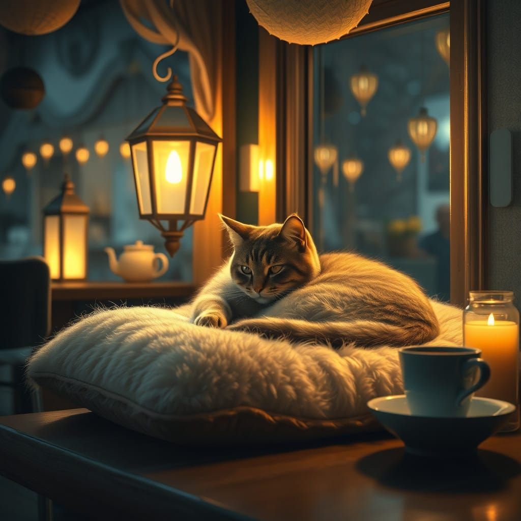 Whimsical Night Cafe Scene with Serene Cat