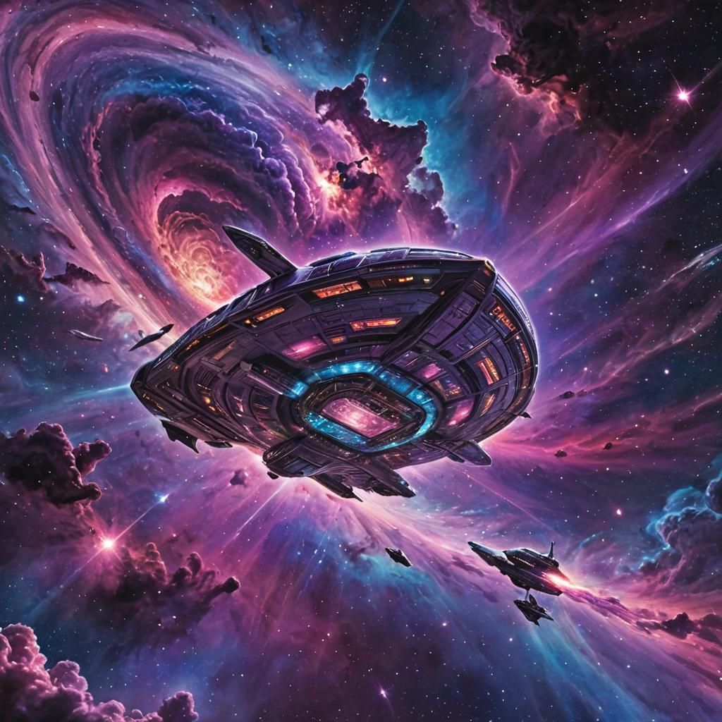 Cosmic Spaceship in Astral Plane, Mixed Media Art