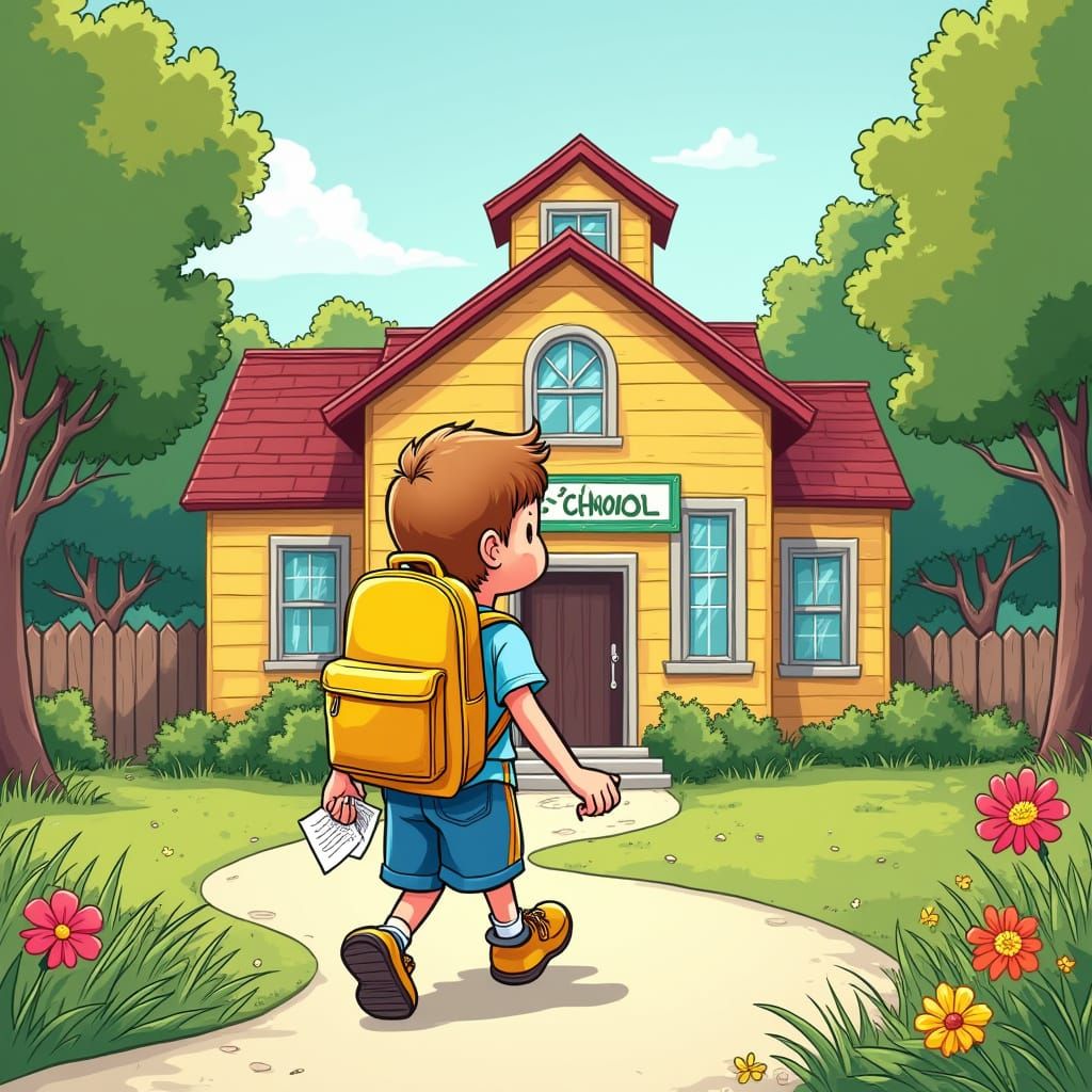 Classic Cartoon Boy Heads Home from School