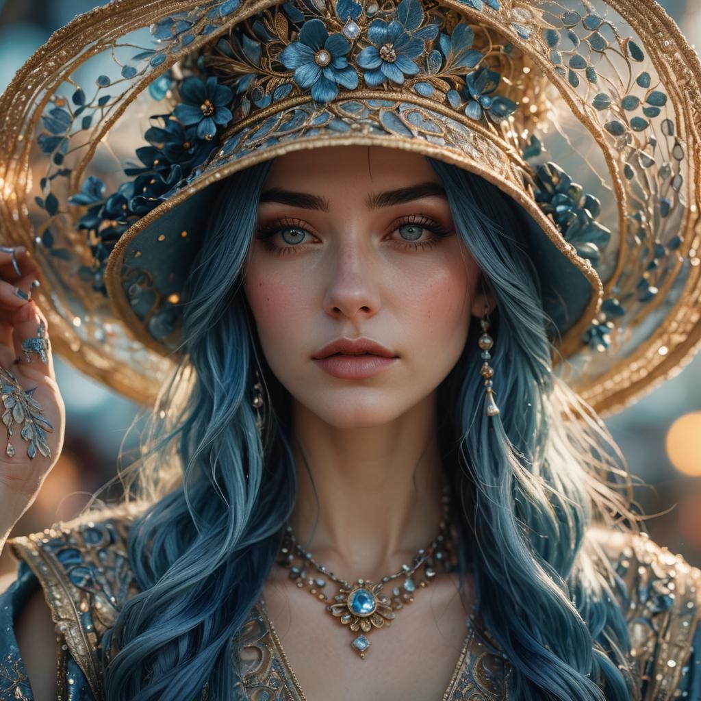 Blue-Haired Girl in Magical Hat: Hyperrealistic Photo