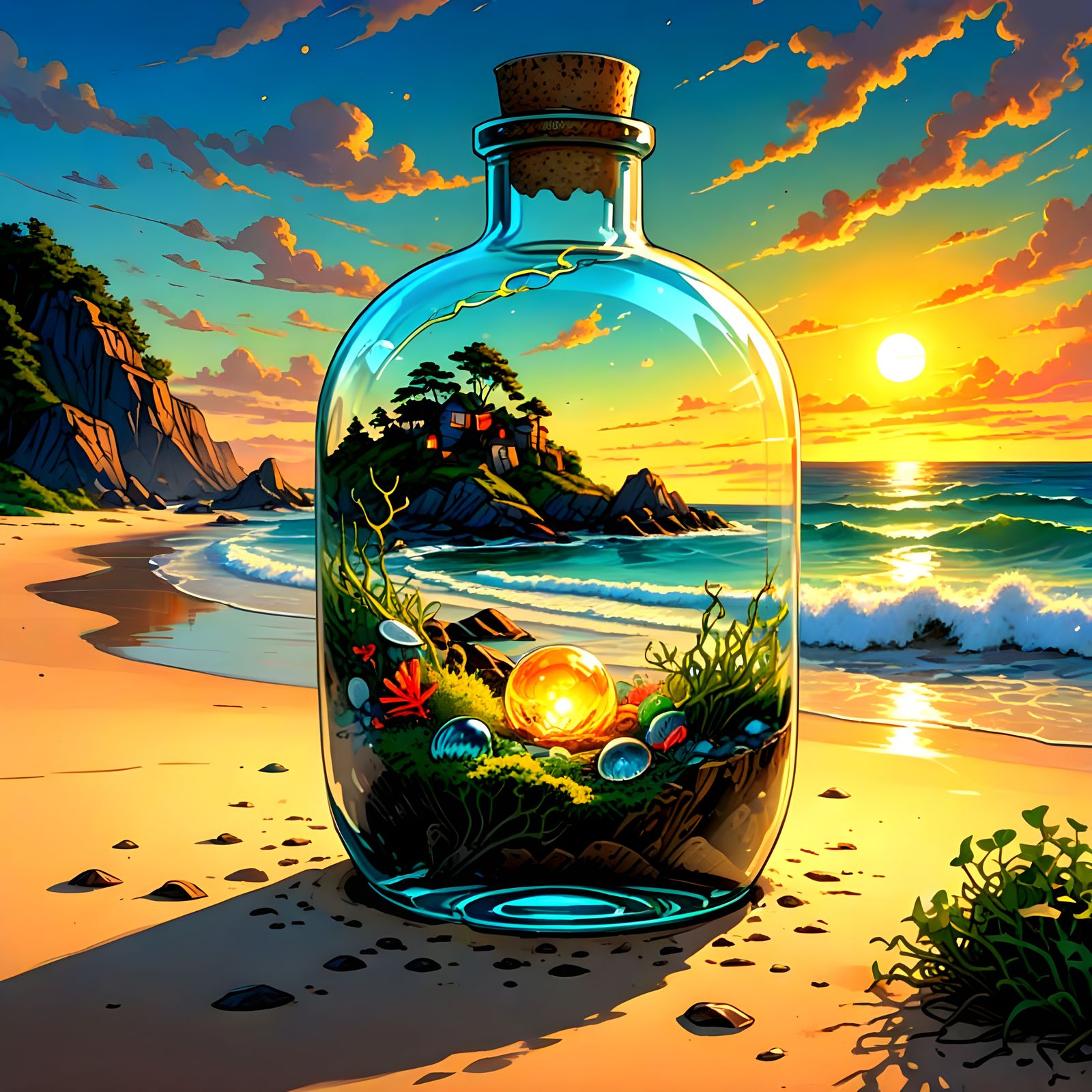 Message in a Bottle Washed Ashore with Island Reflection