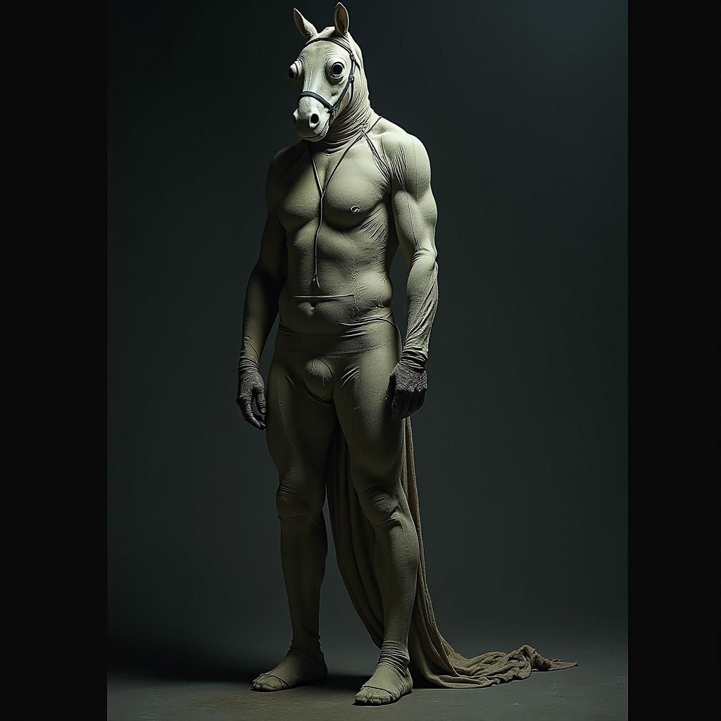 Surreal Mummified Horse Figure in Latex Bodysuit