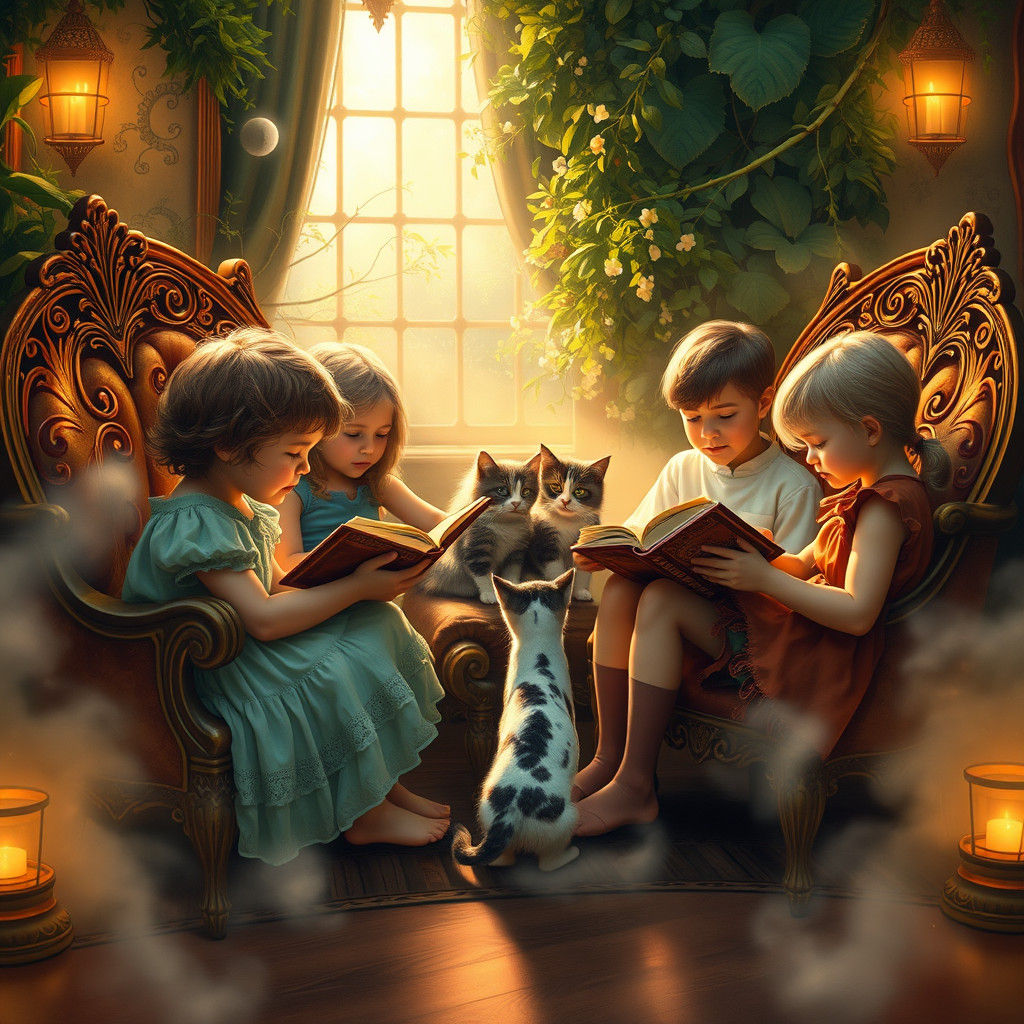 Children Reading to Cats in Golden Light