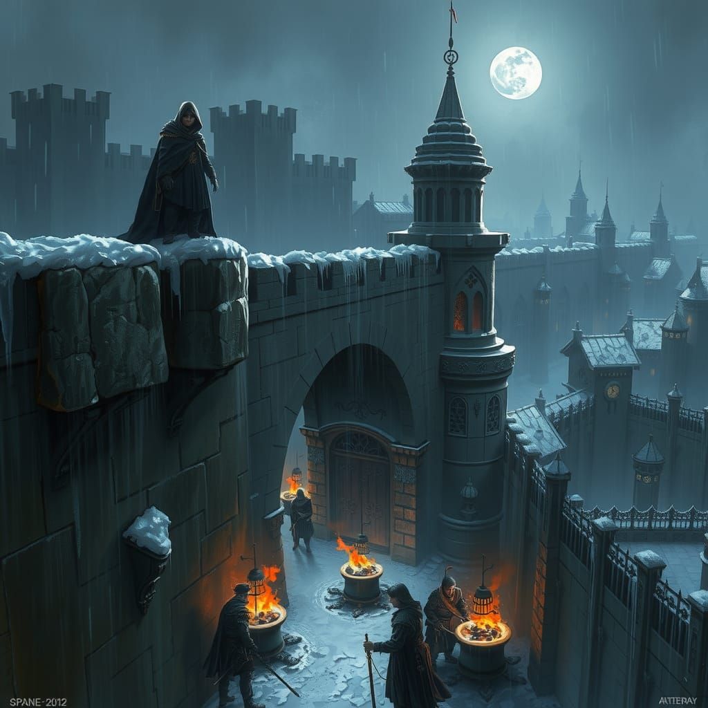 Snowy City Wall Perch in Fantasy Art Style