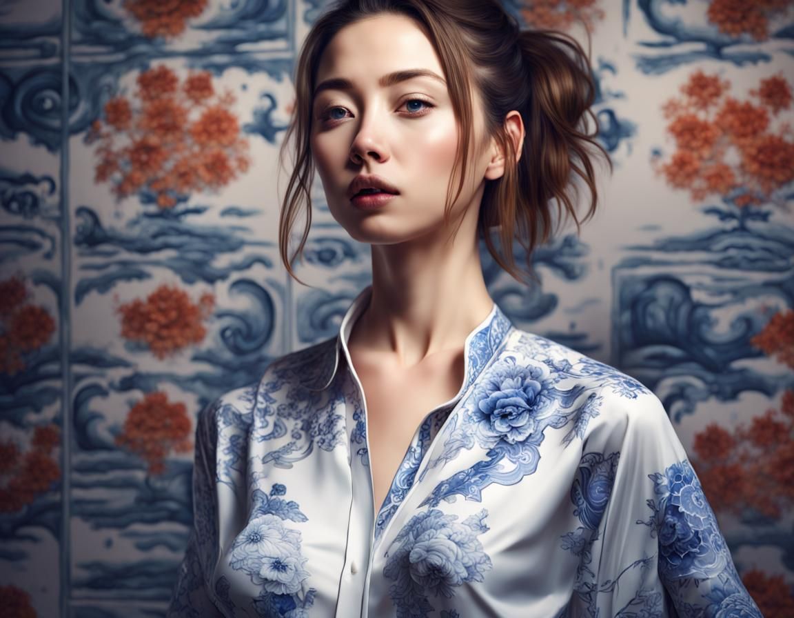 Sensual Woman in Blue and White Porcelain Shirt