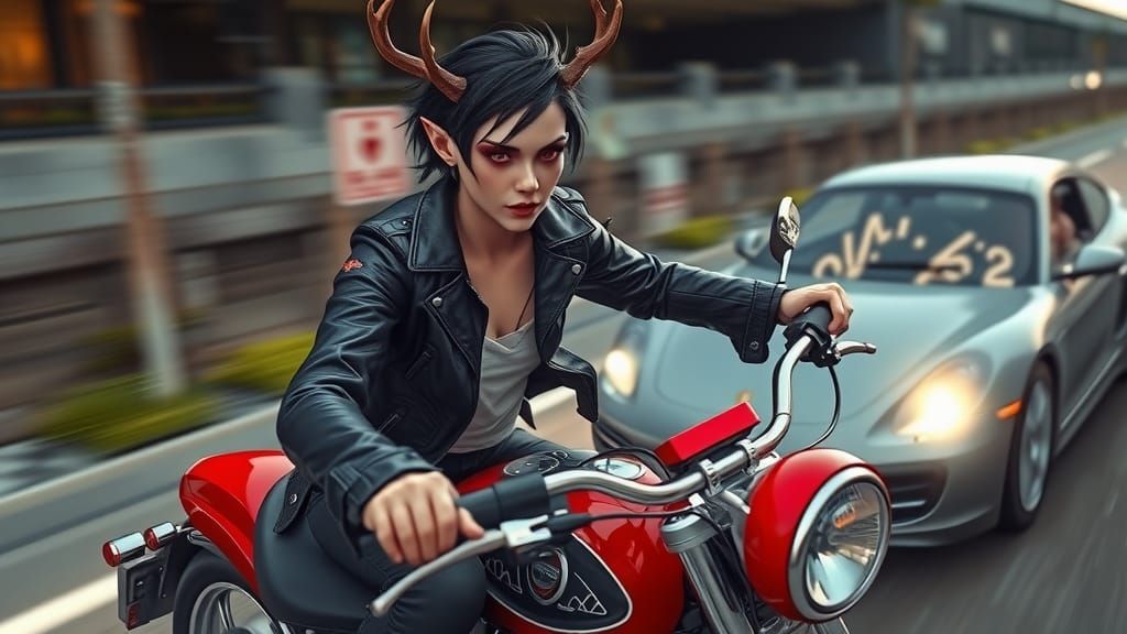 Elf Outruns Car on Motorcycle: Hyper-Realistic Digital Art