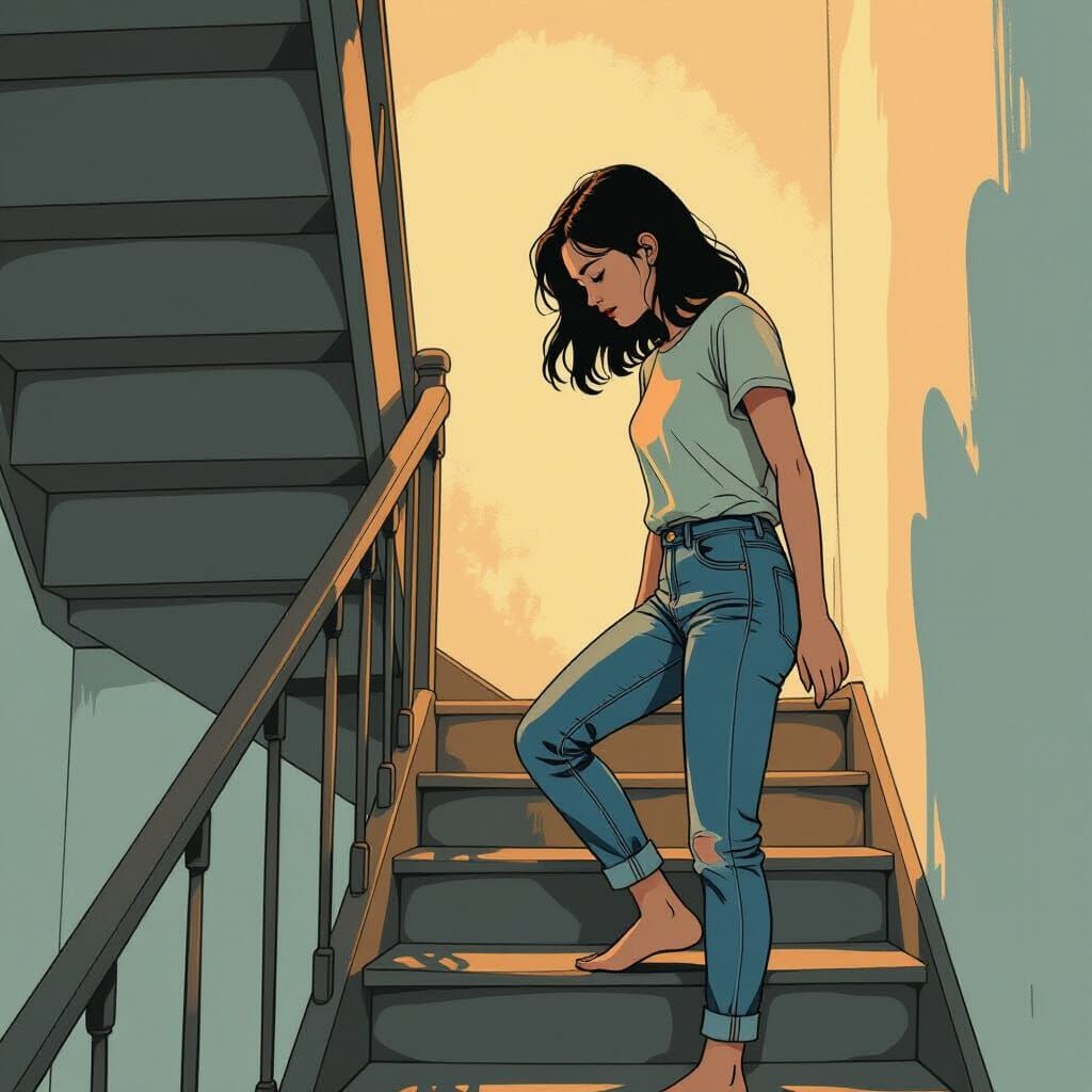 Climbing Stairs to a Minimalist Room: Illustration