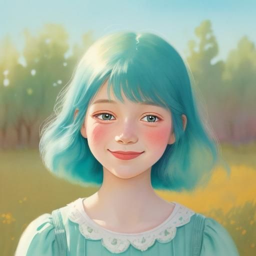 Girl with Teal Hair in Gouache Illustration