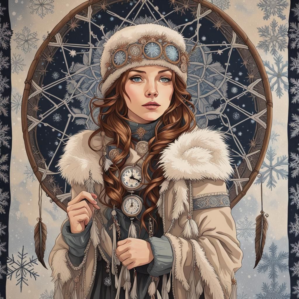 Clockpunk Dreamcatcher with Snowflakes in Art Nouveau Style