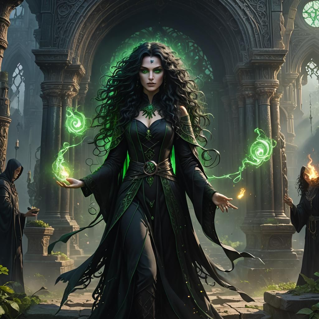 Gothic Sorceress with Glowing Eyes, Detailed Matte Painting