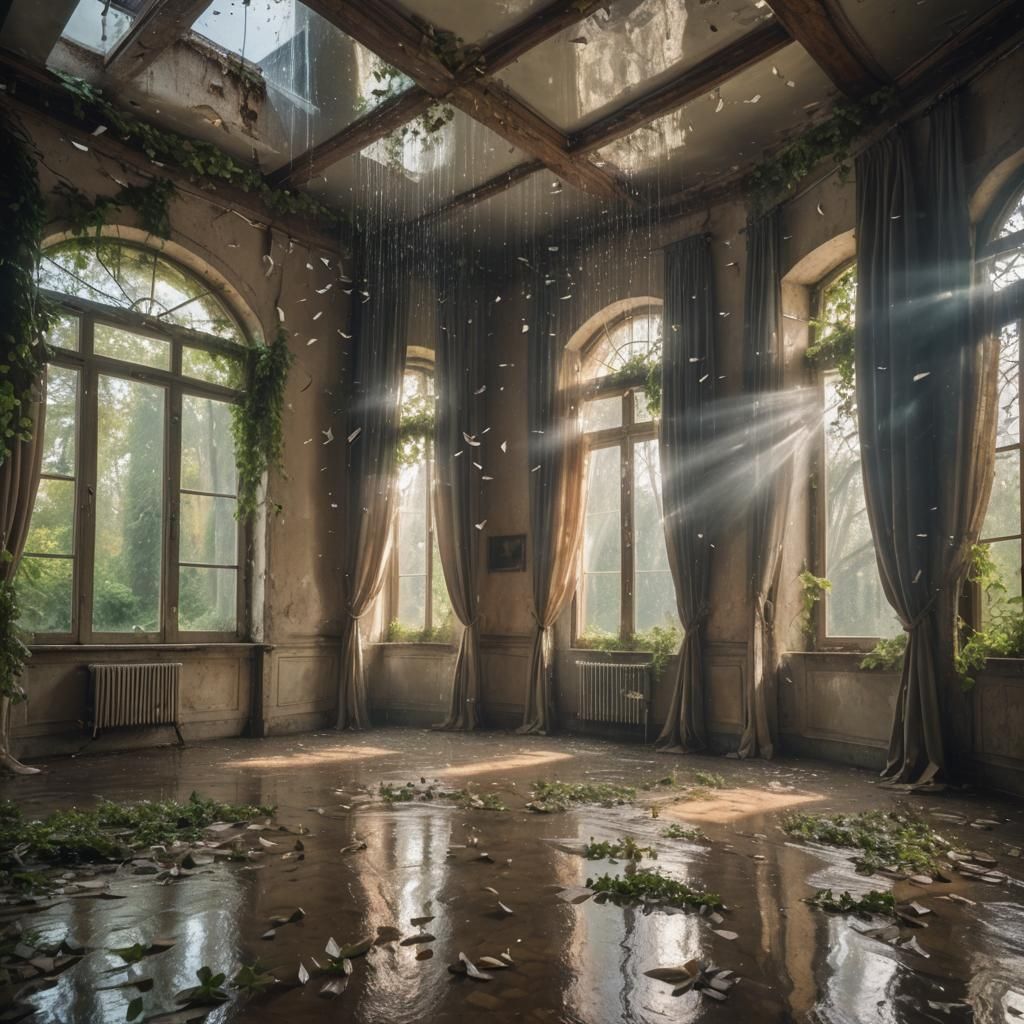 Flooded Italian Room with Dove, Realistic Photography