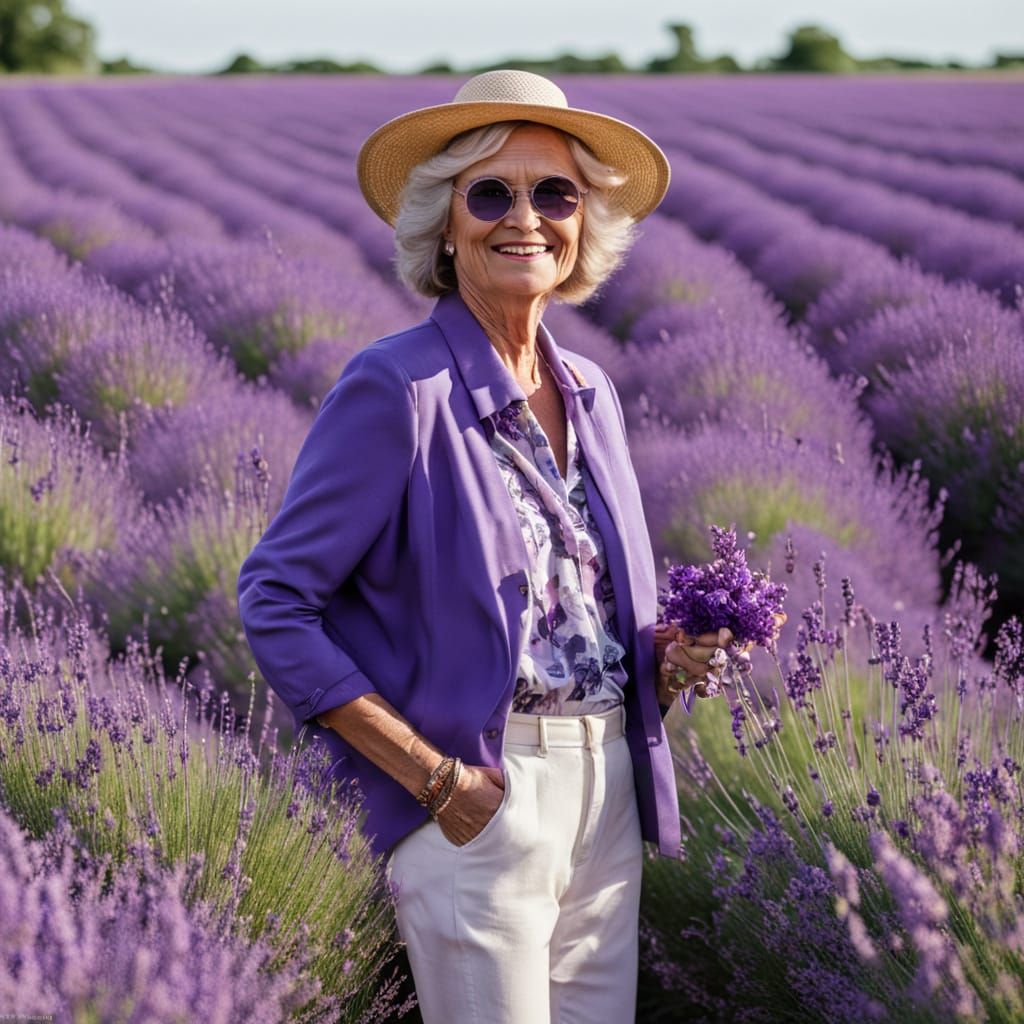 Serene Purple Hued Woman Strolls Through Lavender Fields