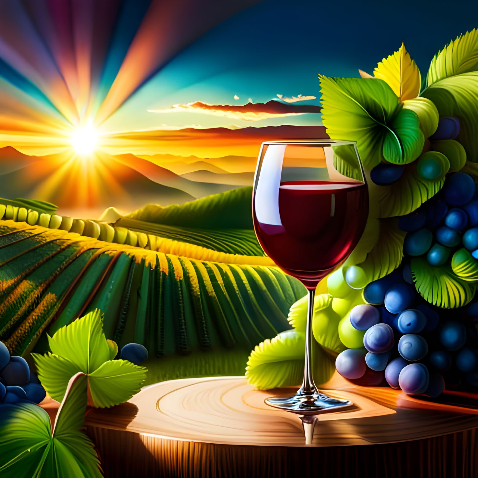 Hyperrealistic Wine Glass in Lush Vineyard