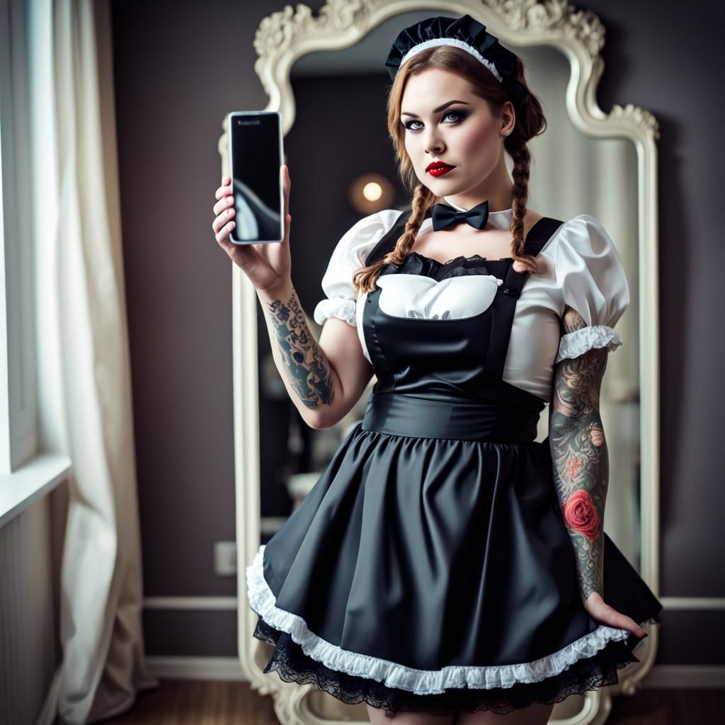 Russian Woman in French Maid Outfit Selfie