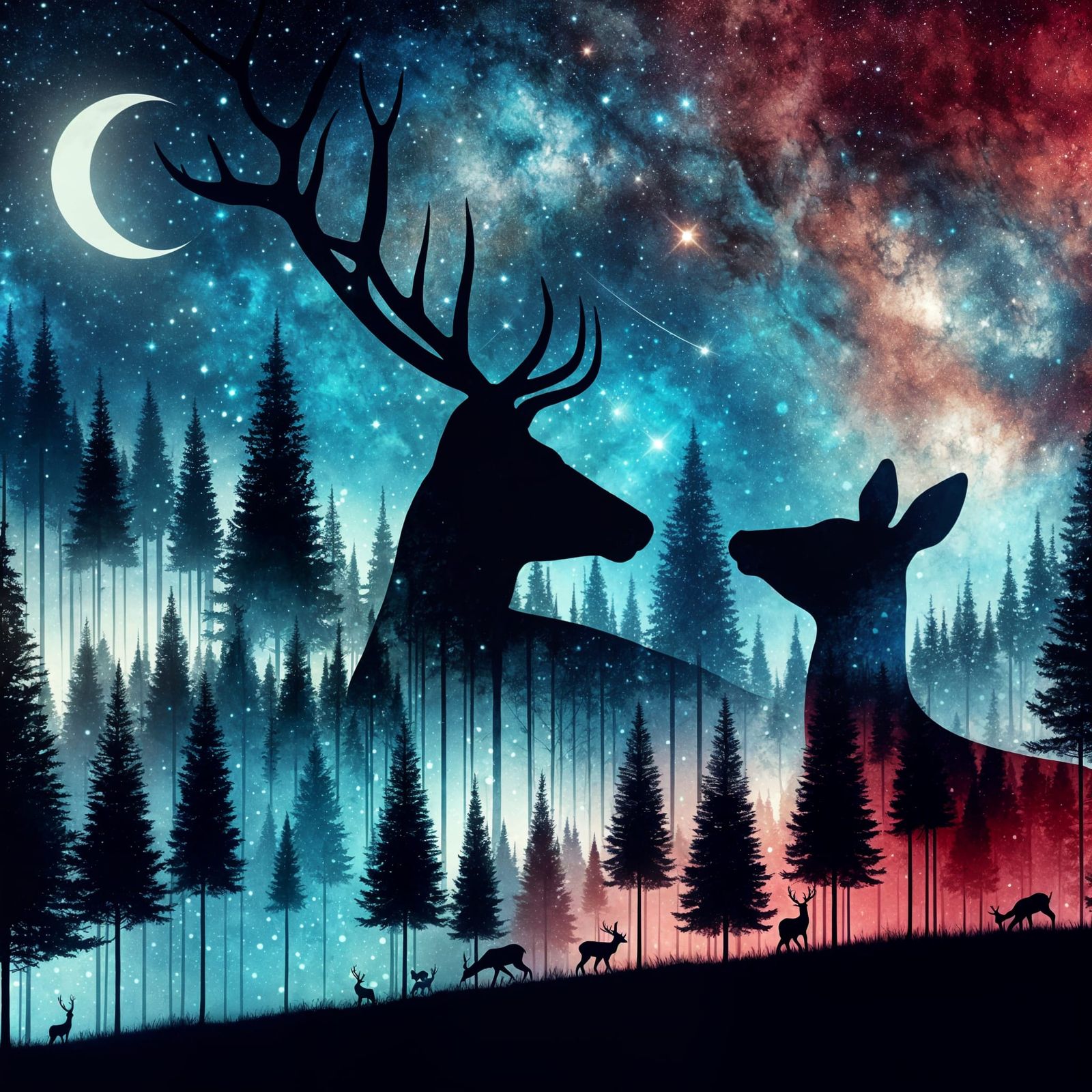 Elegant Deer Encounter in a Starry Coniferous Forest