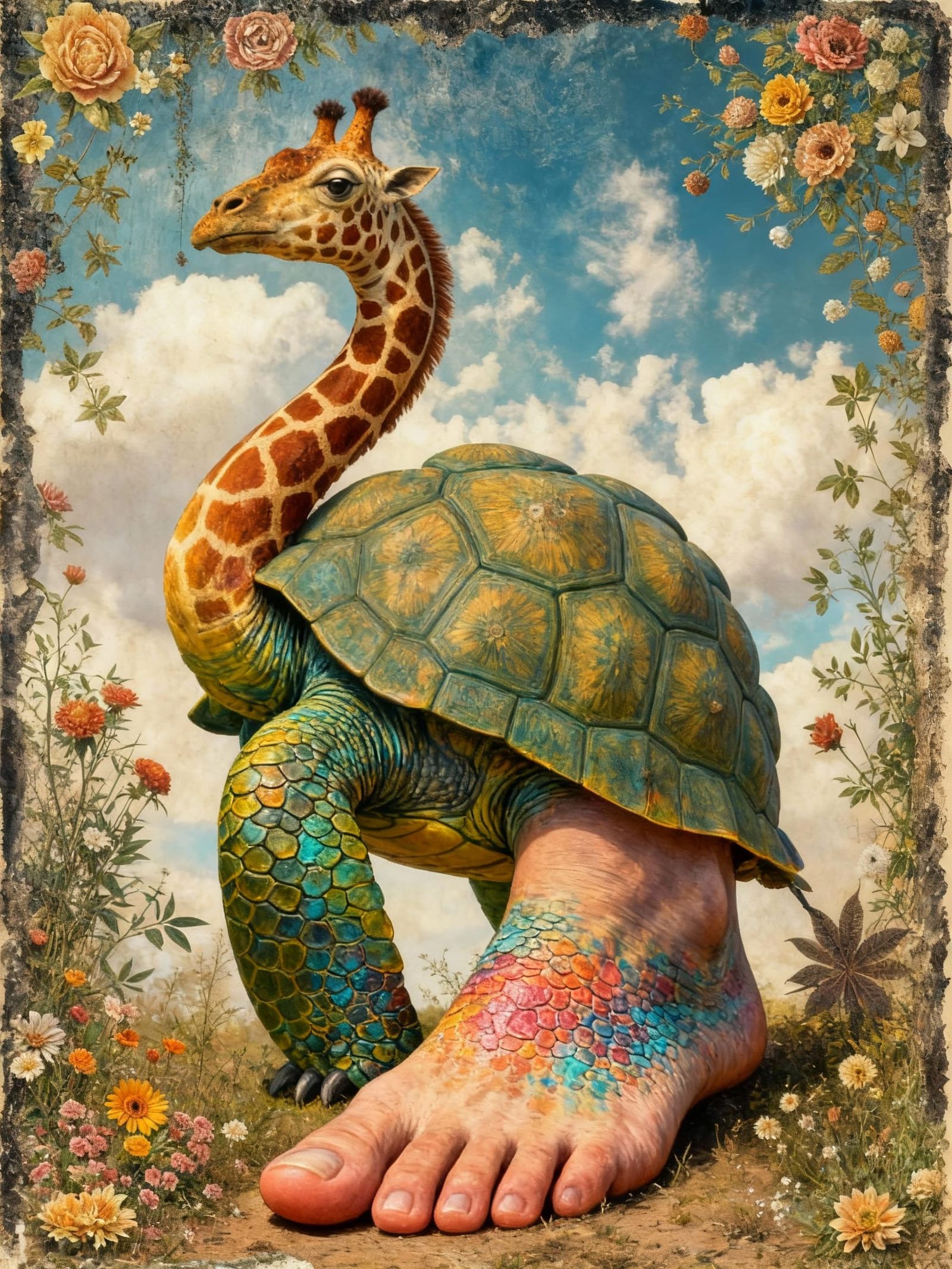 Human Feet on Giraffe Turtle in Vibrant Masterpiece