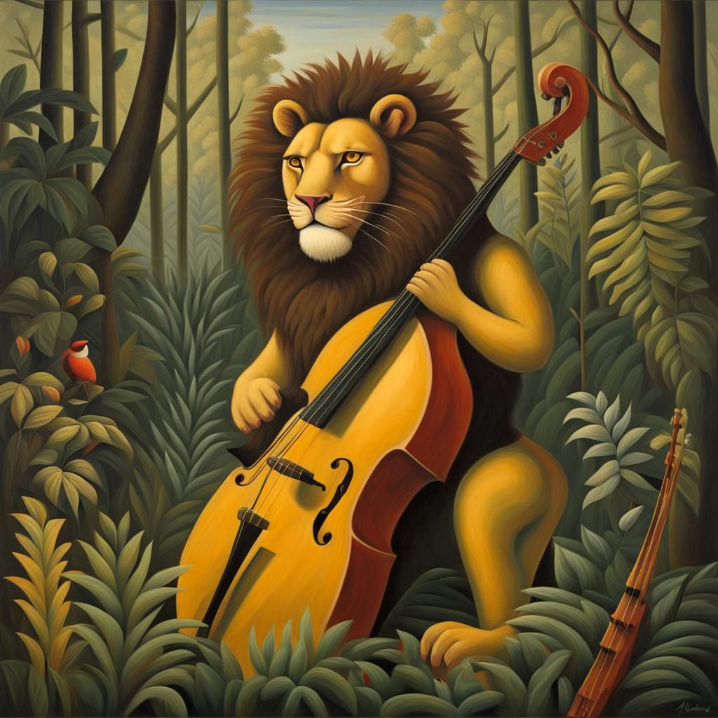 Lion's Jungle Serenade: An Oil Painting in Naive Art Style