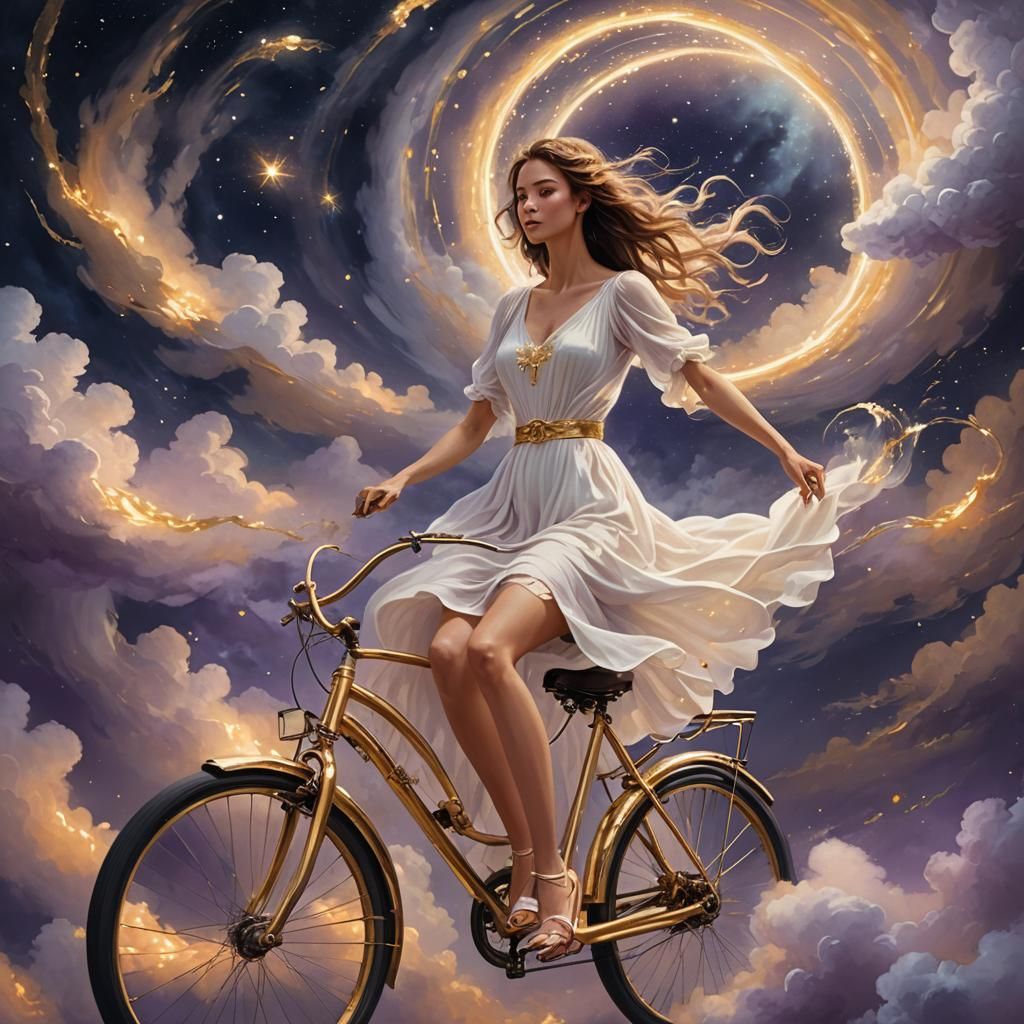Woman Rides Magical Bicycle Through Clouds