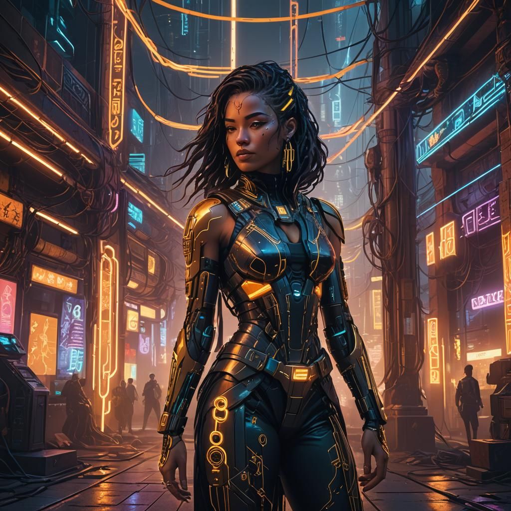 Cyberpunk Goddess in Neon Noir Cityscape