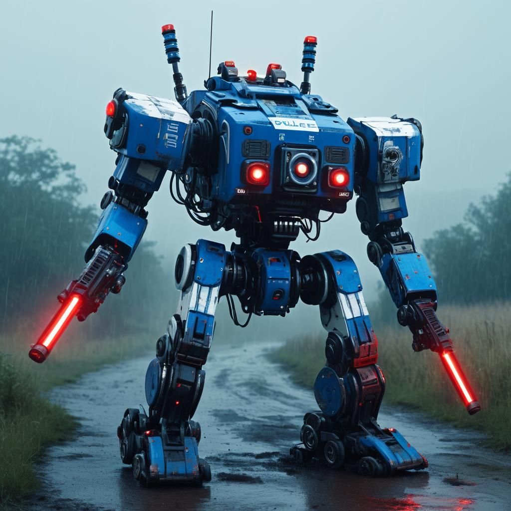 Xenomecha Police Robot in Post-Apocalyptic Landscape