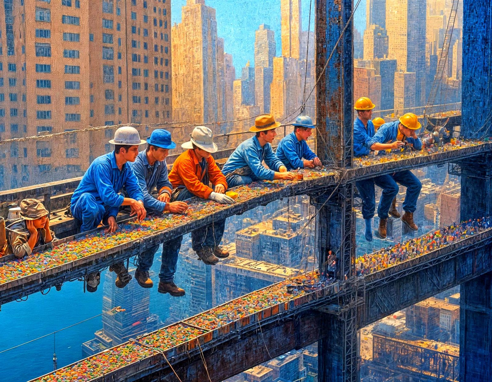 Impressive Pointillism Masterpiece of Brooklyn Bridge Worker...