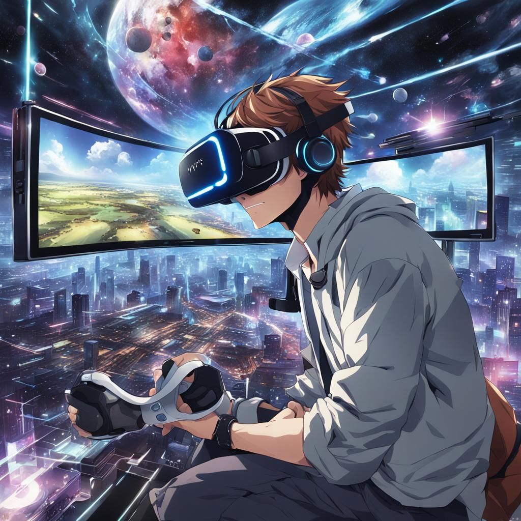 Man Immersed in VR: Anime-Style Illustration