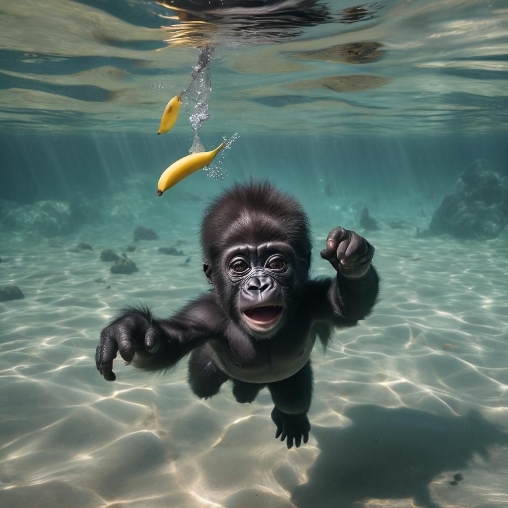 Happy Baby Gorilla Swimming for Banana