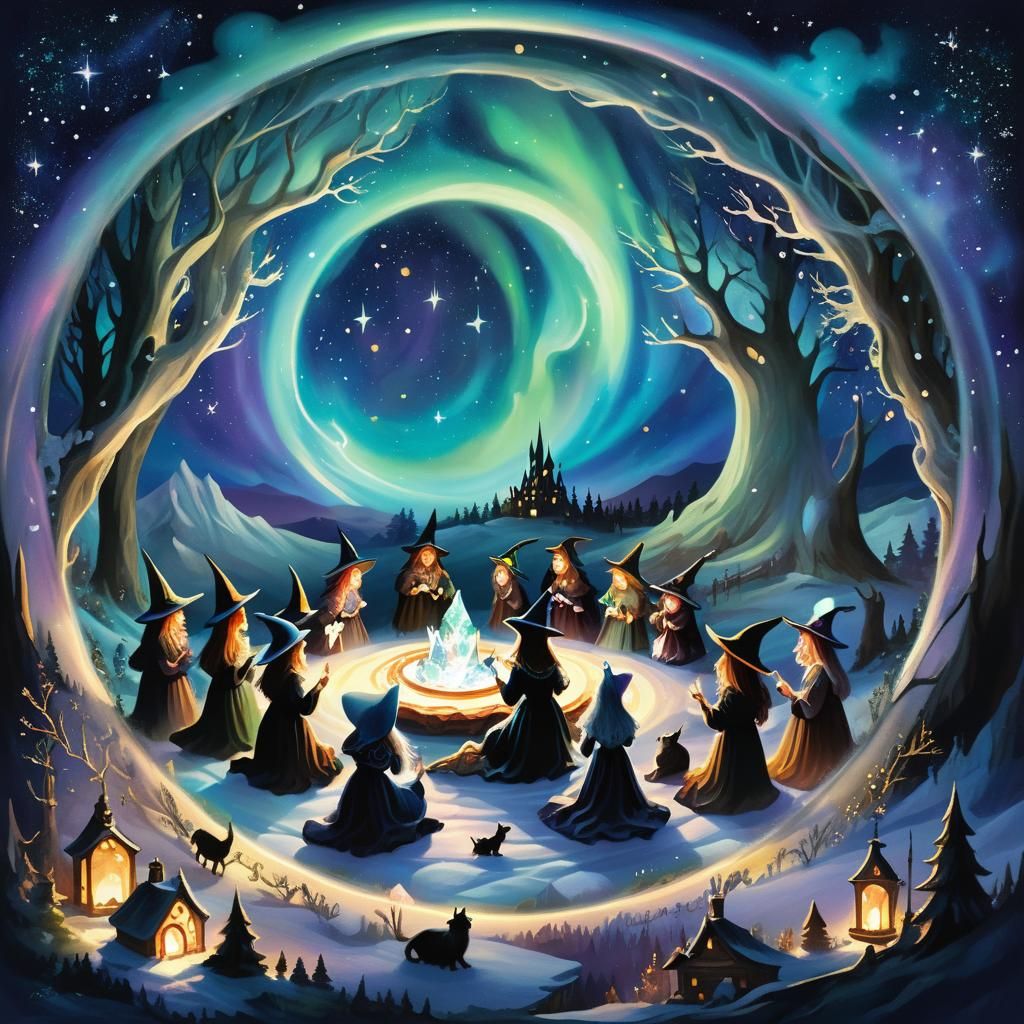 Witches Circle Under Aurora in Art Nouveau Style