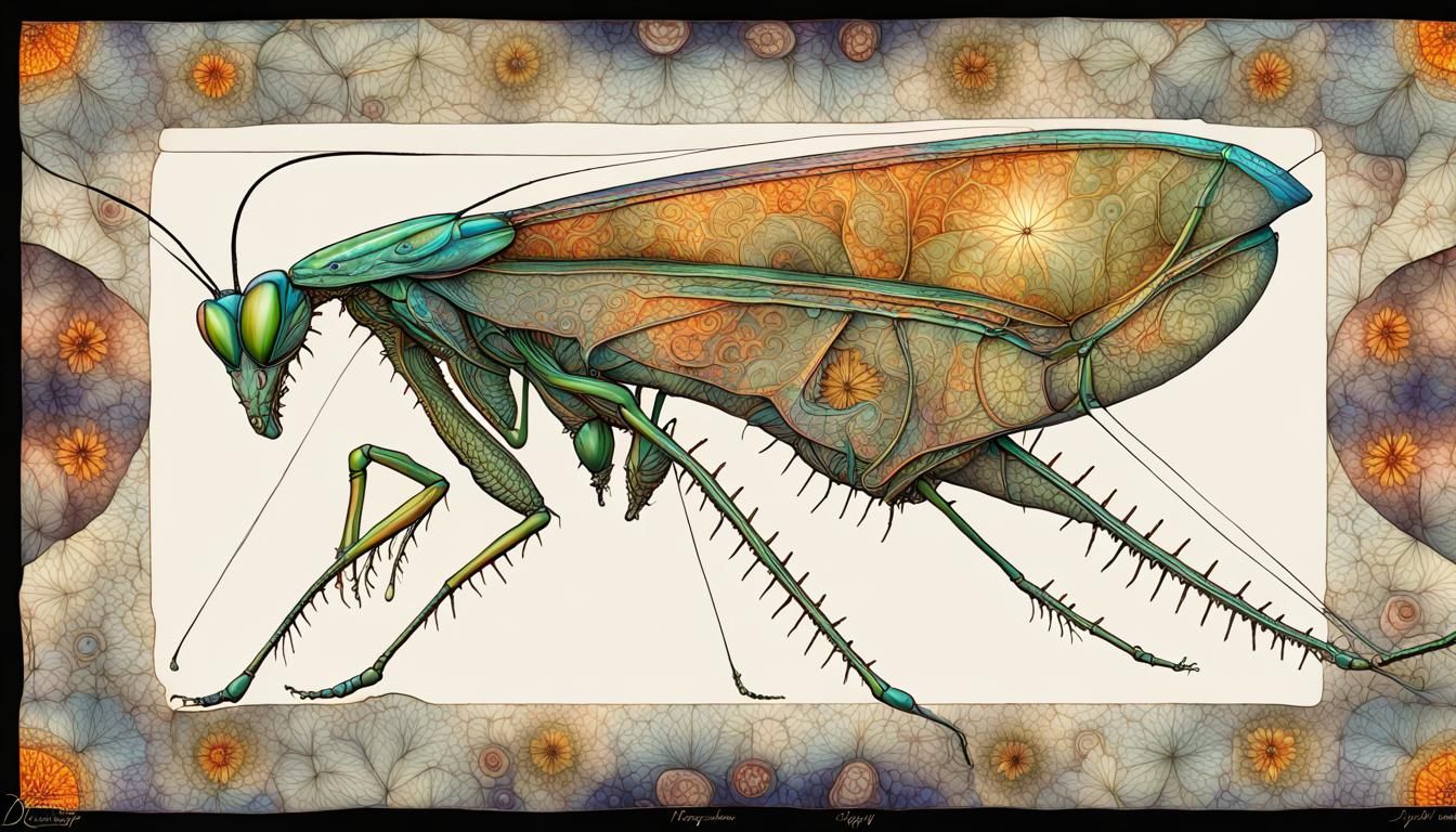 Praying Mantis with Geometric Flora and Crystalline Shading