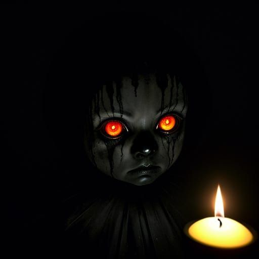 Eerie Surreal Child in Darkness Revealed by Flickering Candl...