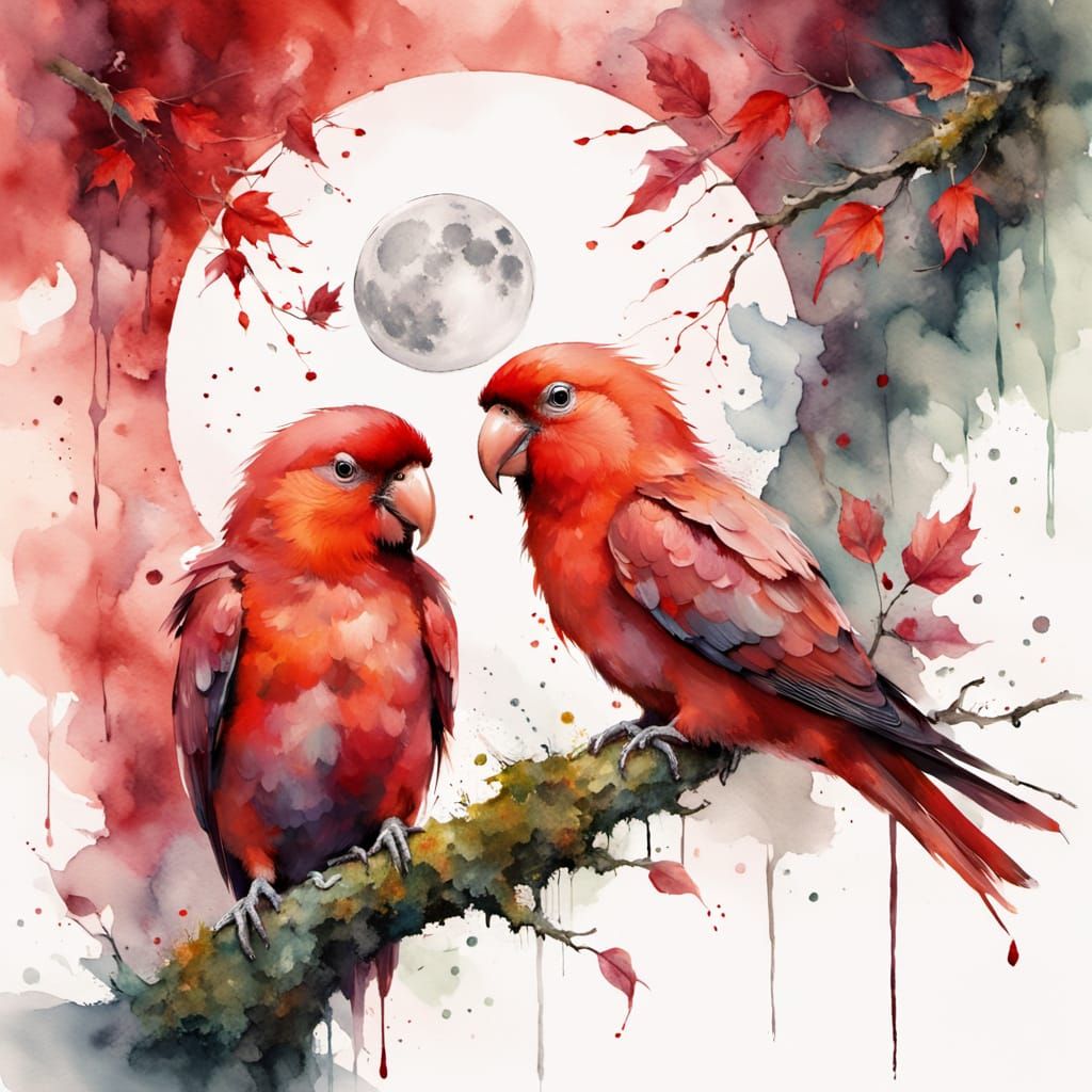 Red Lovebirds Under Red Moon, Watercolour Style