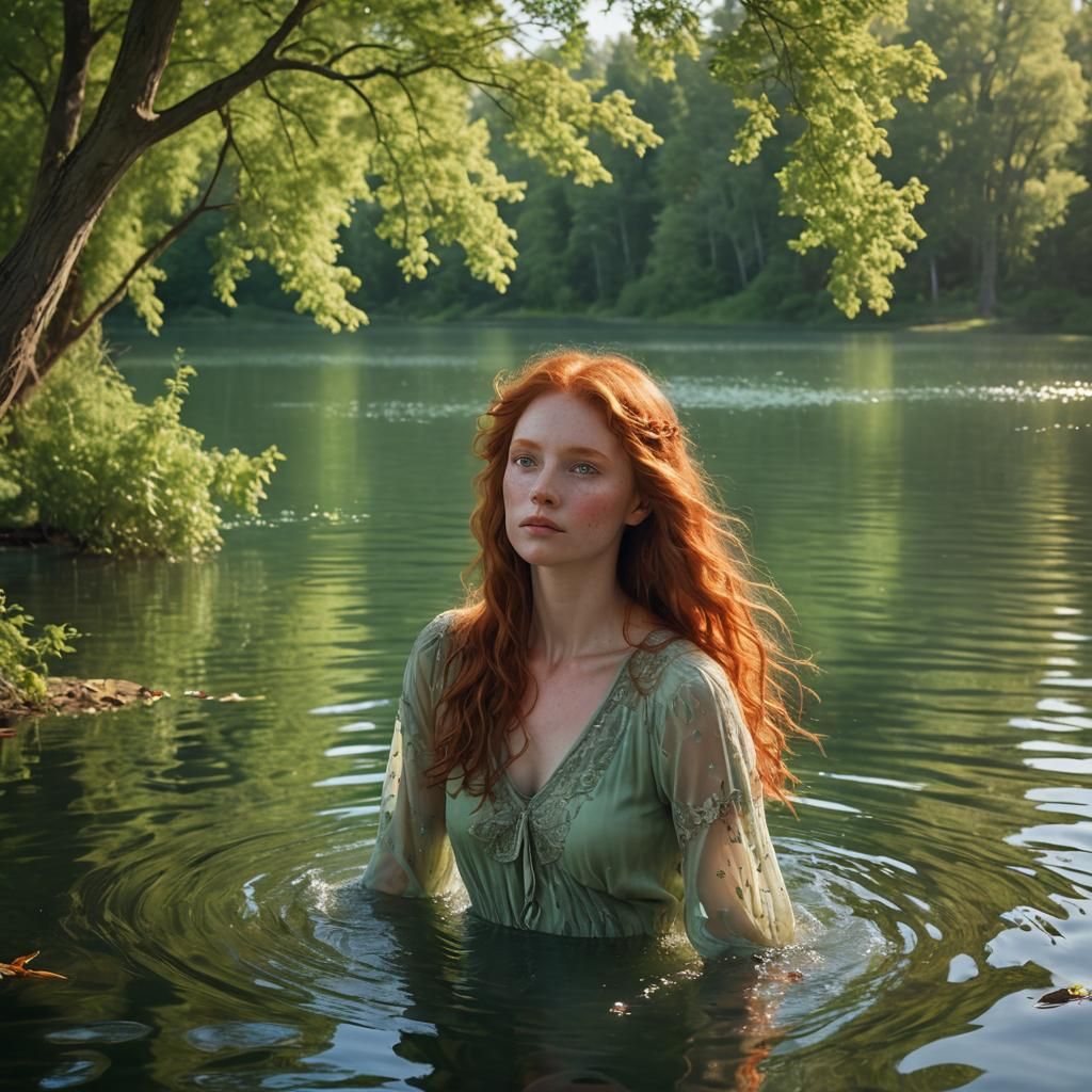 Ethereal Red-Haired Woman by Lake in Painterly Realism