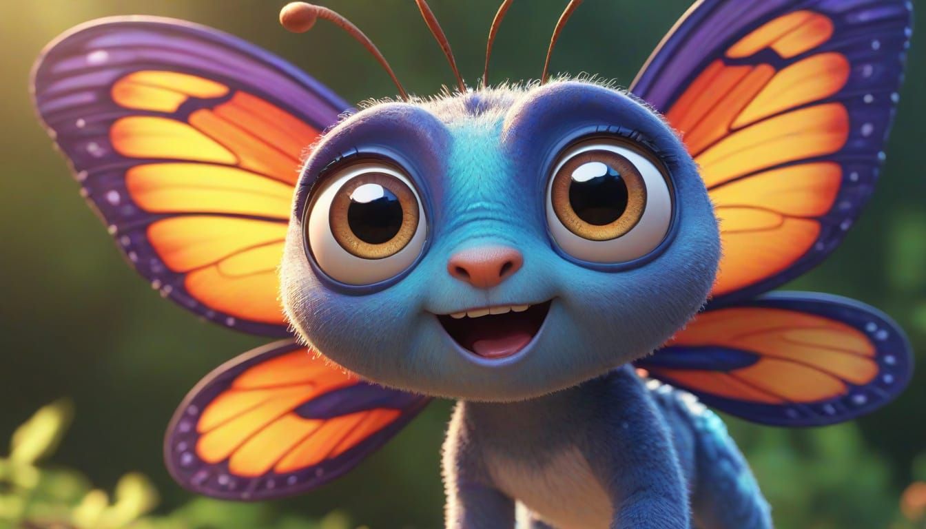 Confused Butterfly in Pixar-Style Animation