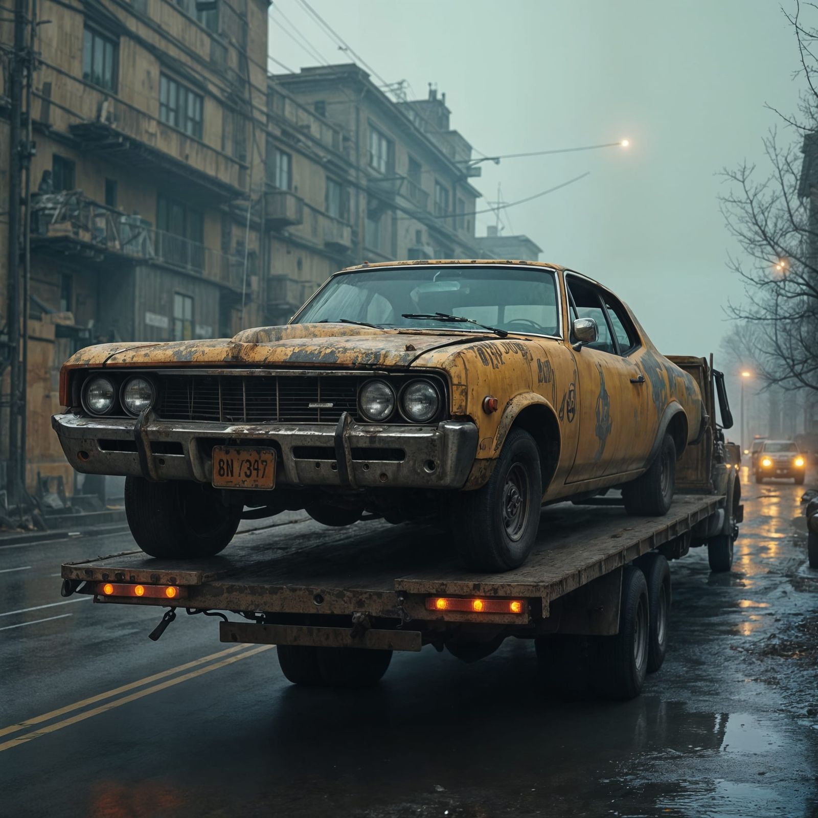 Flatbed Tow Truck Hauling Junk Car