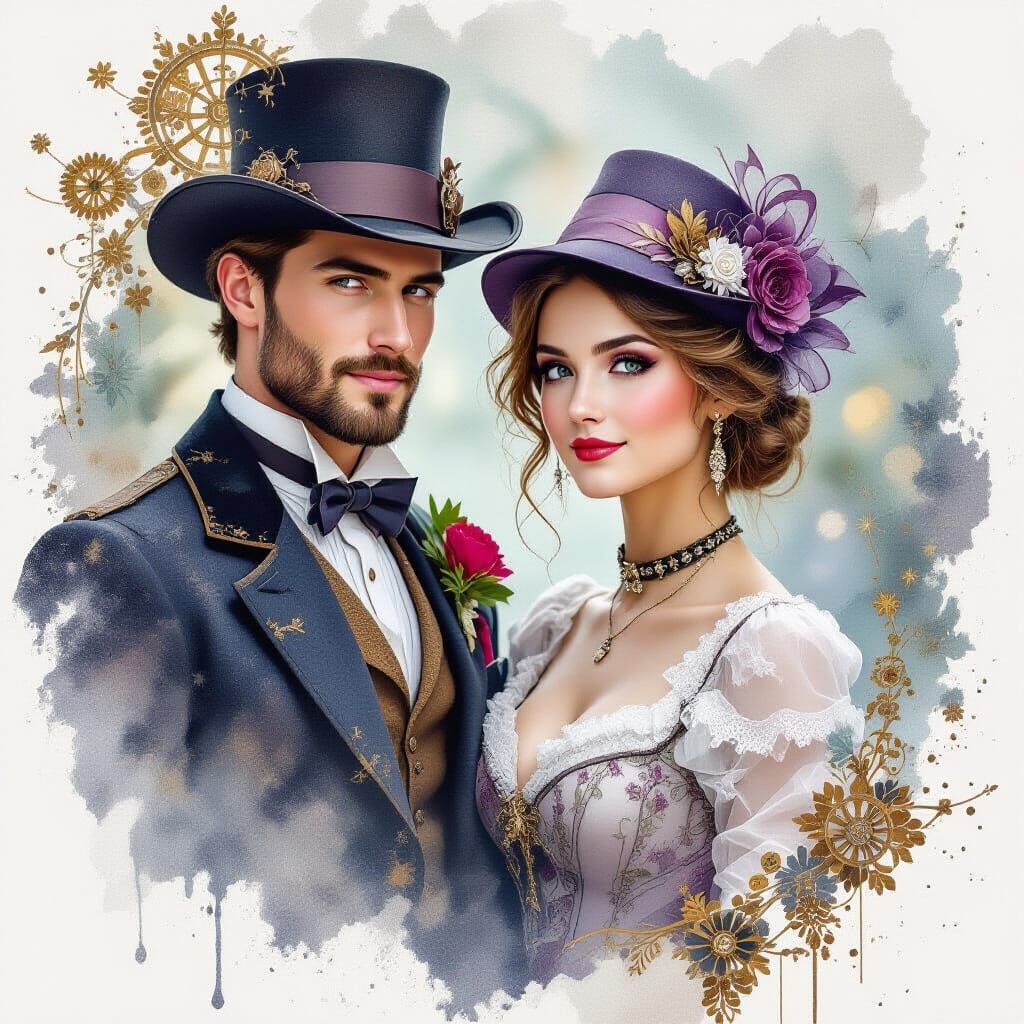 Steampunk Couple in Collage Style with Soft Lighting
