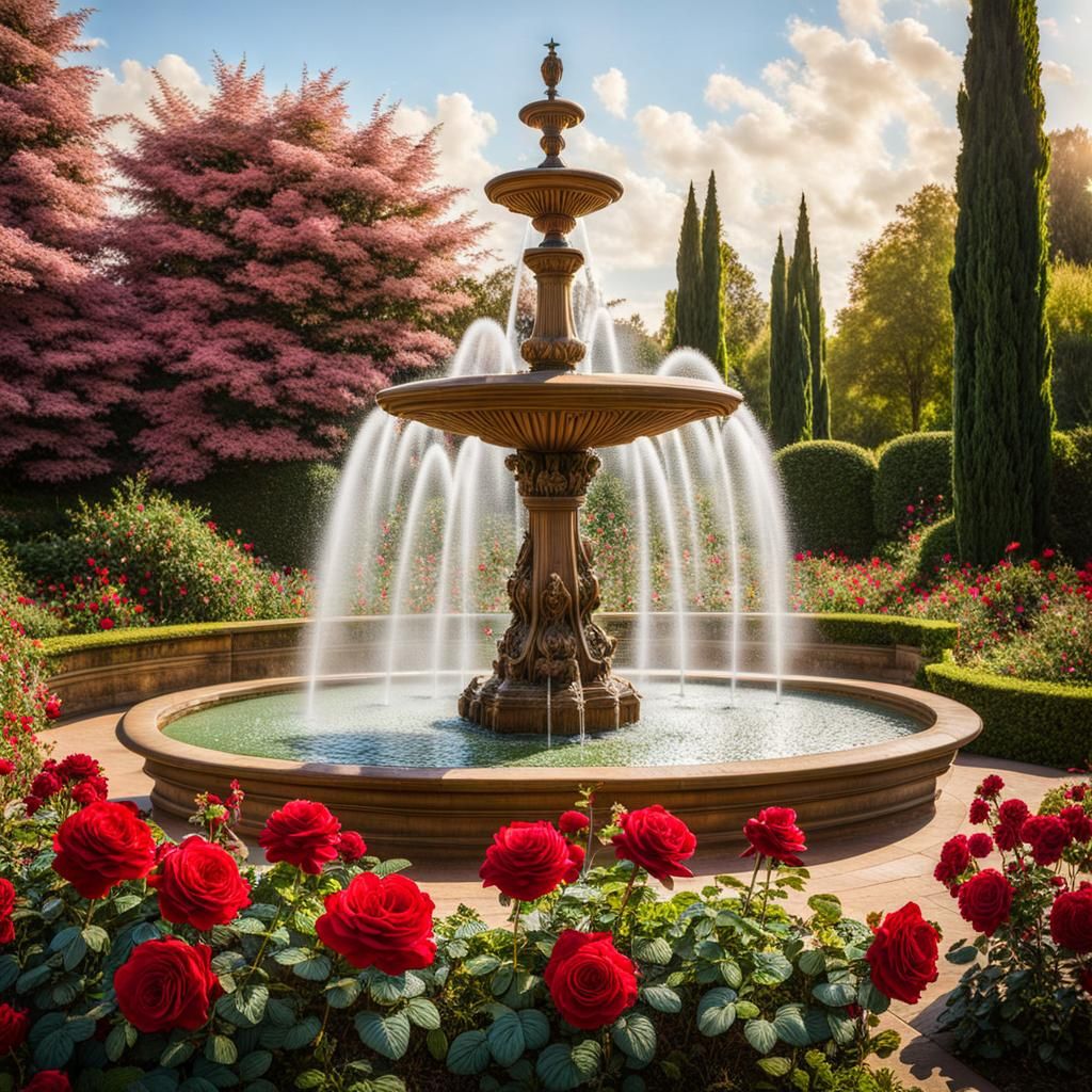Fountain in Rose Garden, Arthur Rackham Style