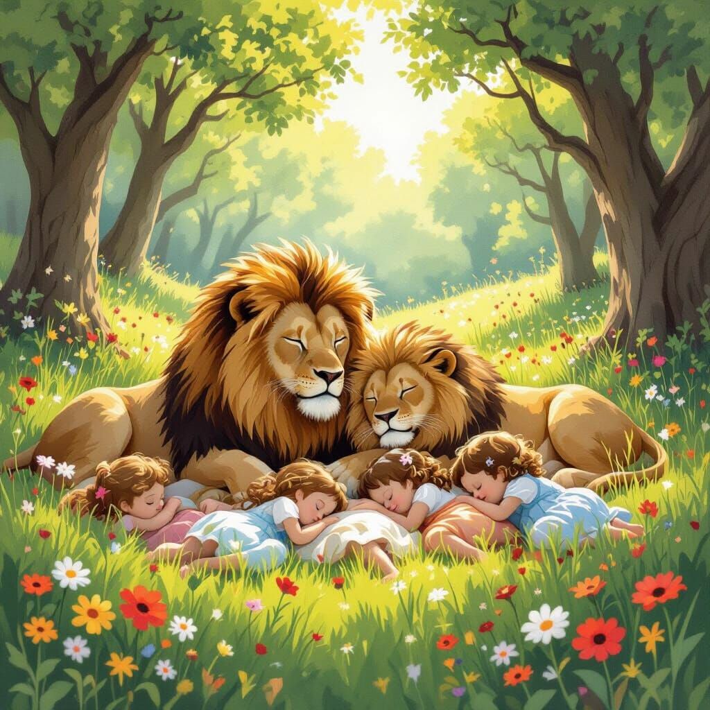 Lions Guarding Children in Dreamy Meadow, Fairytale Art