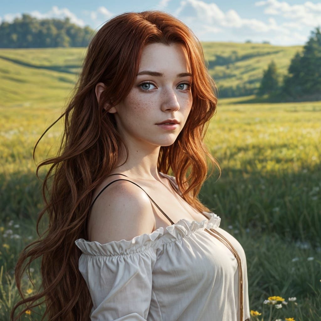 Red-Haired Woman in Meadow: Anime-Inspired 3D Art