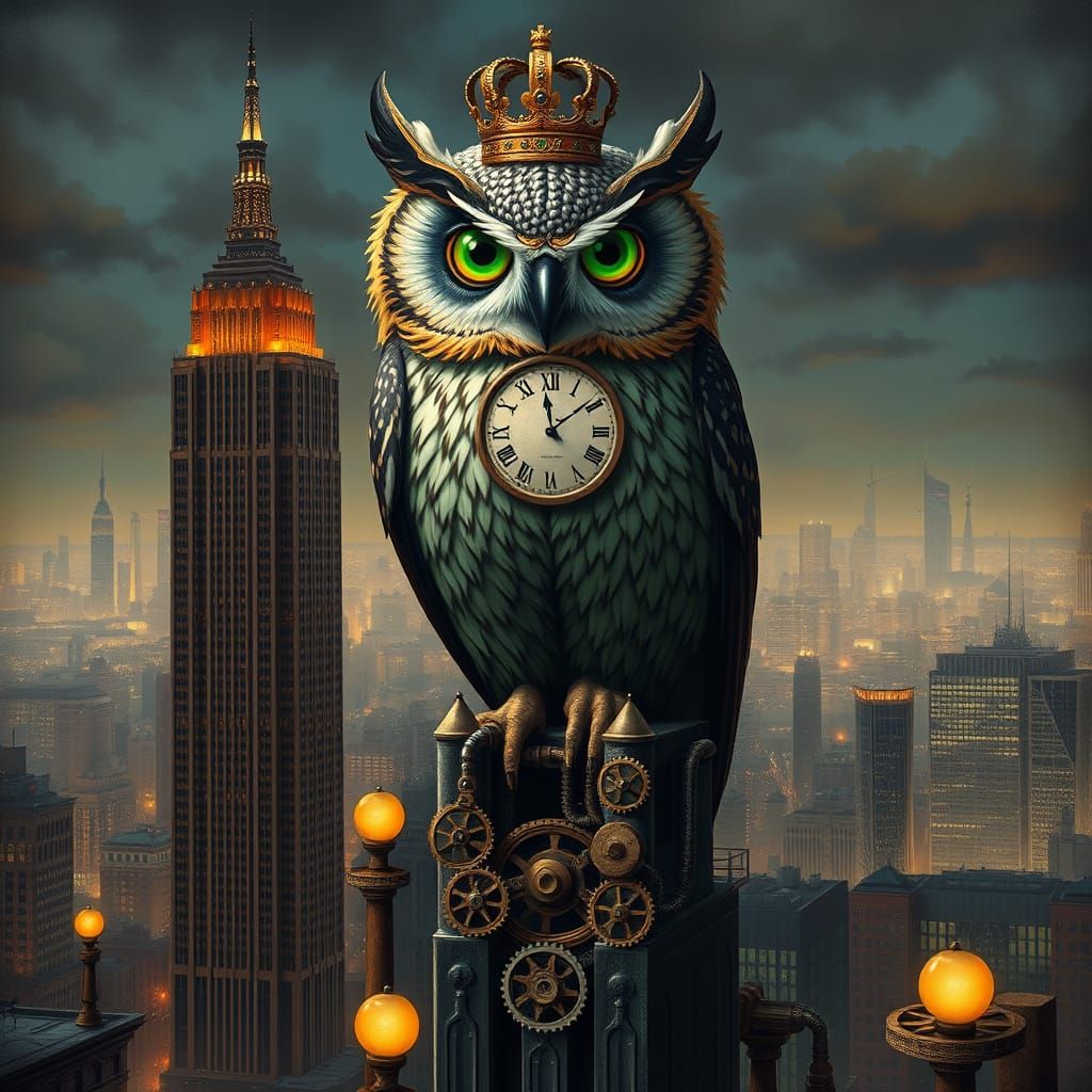 Clockwork Owl on Art Deco Skyscraper in Steampunk City
