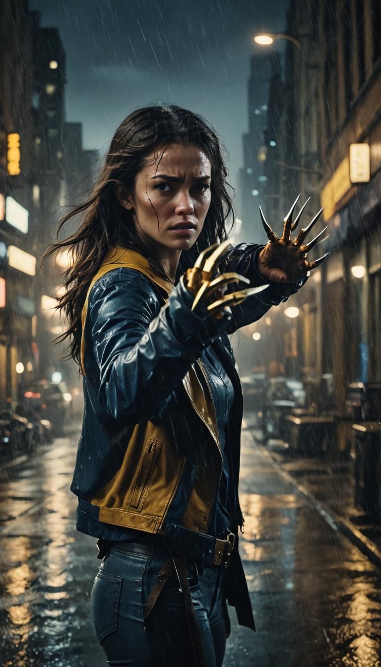 Heroic Wolverine Girl in Stormy Cityscape