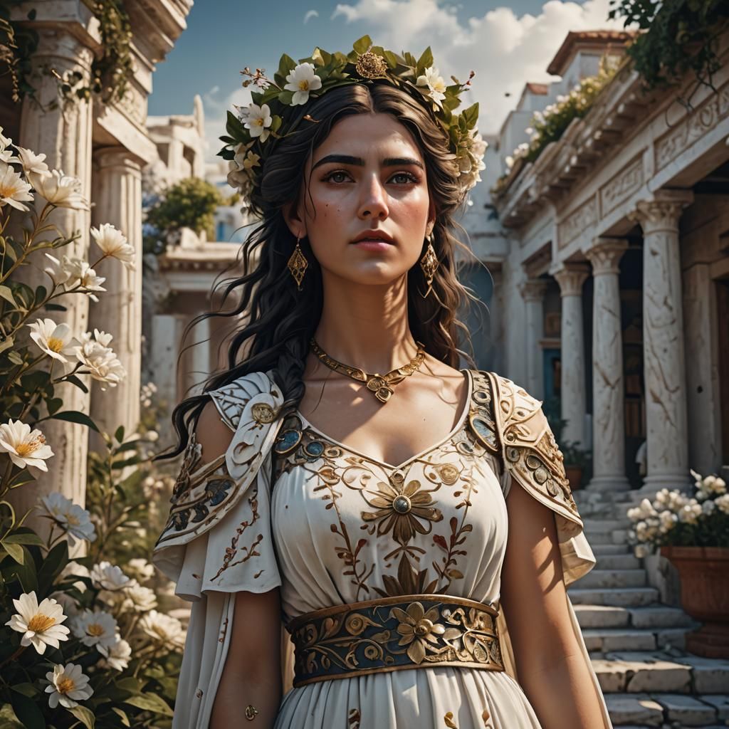 Beautiful Greek Woman in Floral Dress