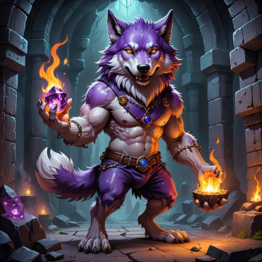 A giant wolf with huge hairy feet and hands is wearing worn ...