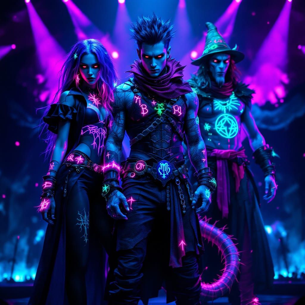 Goth Lizard Girl, Kris, and Goat Wizard with Glowing Tattoos