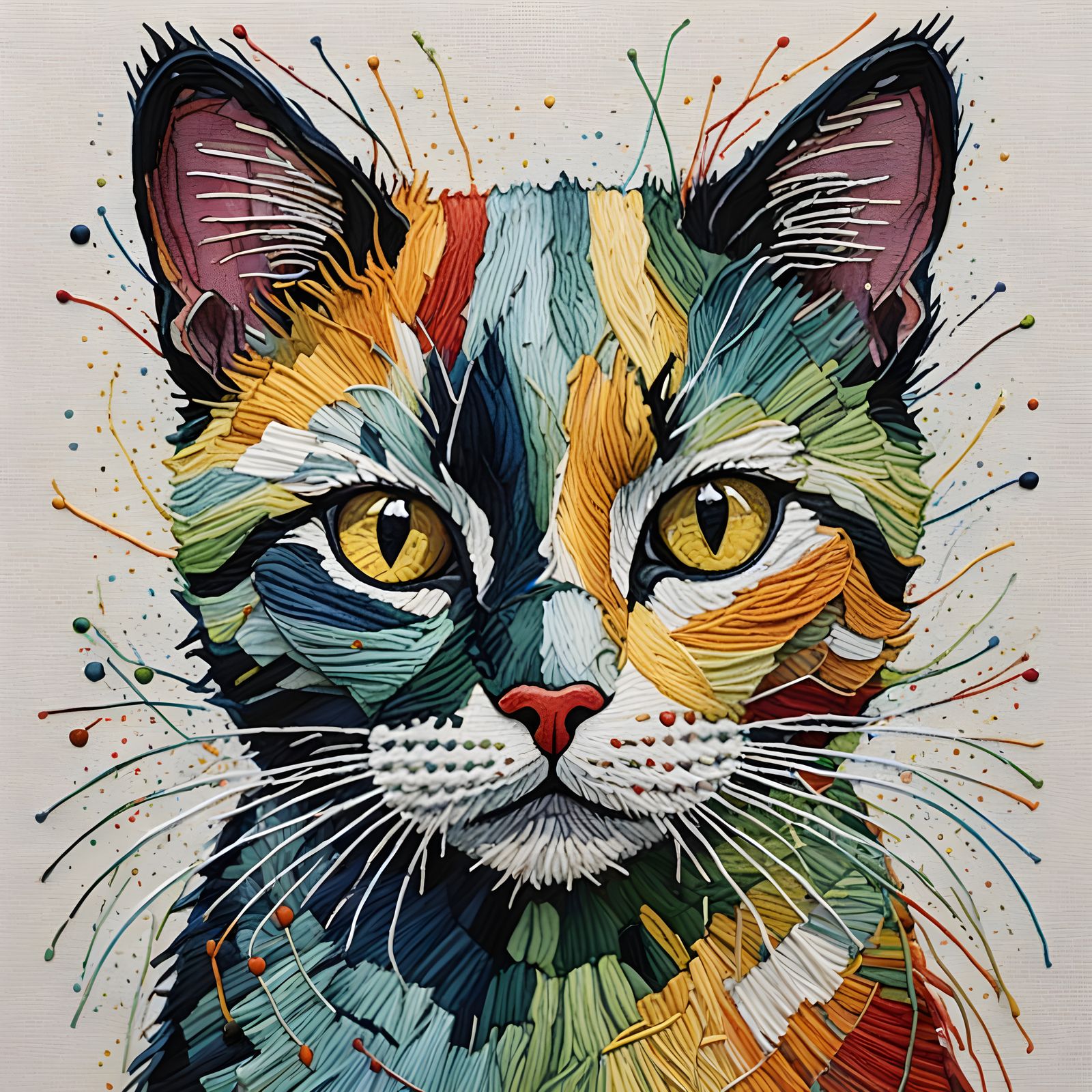 Embroidered Cat Portrait with Watercolor Accents