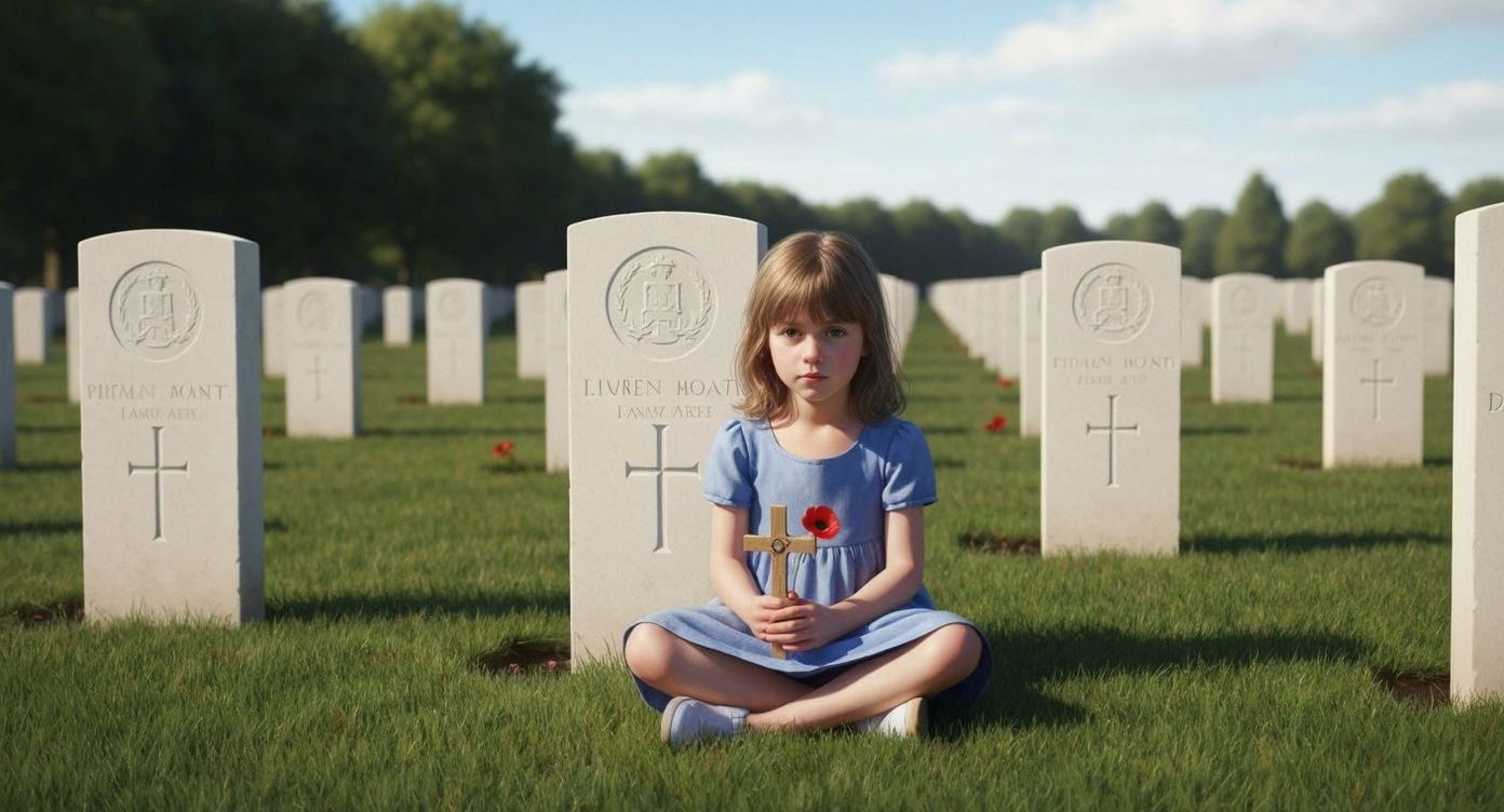Girl in Blue Dress at Military Cemetery with Poppy