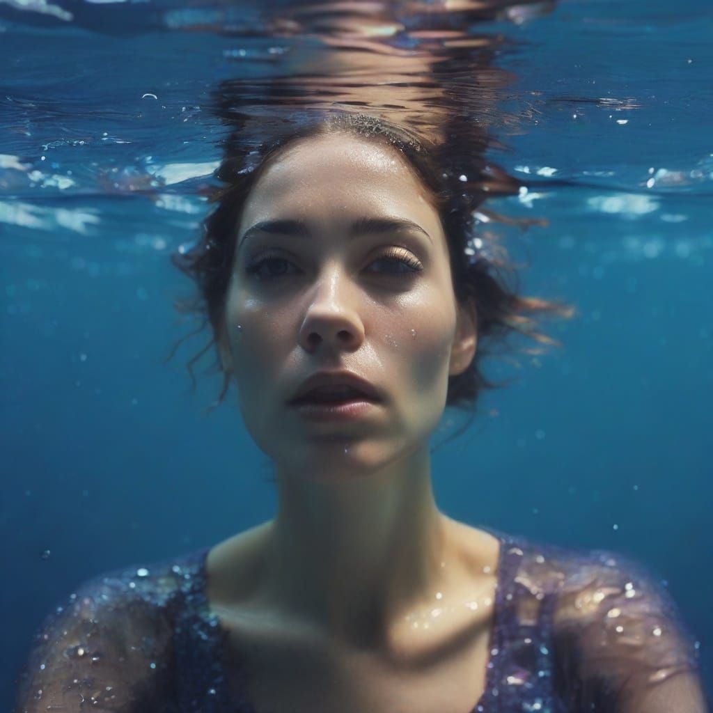 Woman Floating Underwater in Cinematic Digital Painting