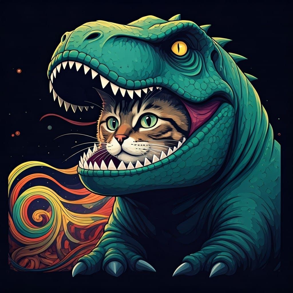 Cat in T-Rex Costume: Minimalist Vector Art