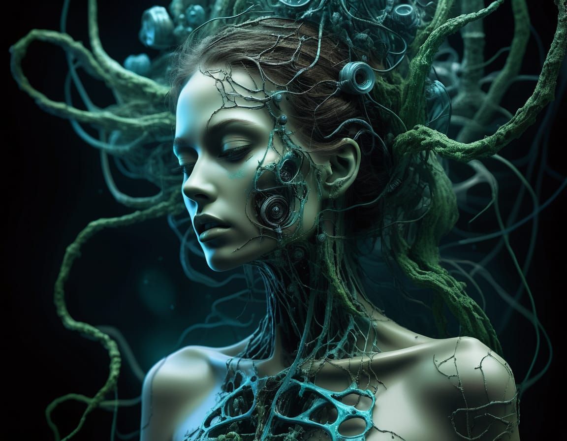 Ethereal Woman of Decaying Tech and Flowing Energy