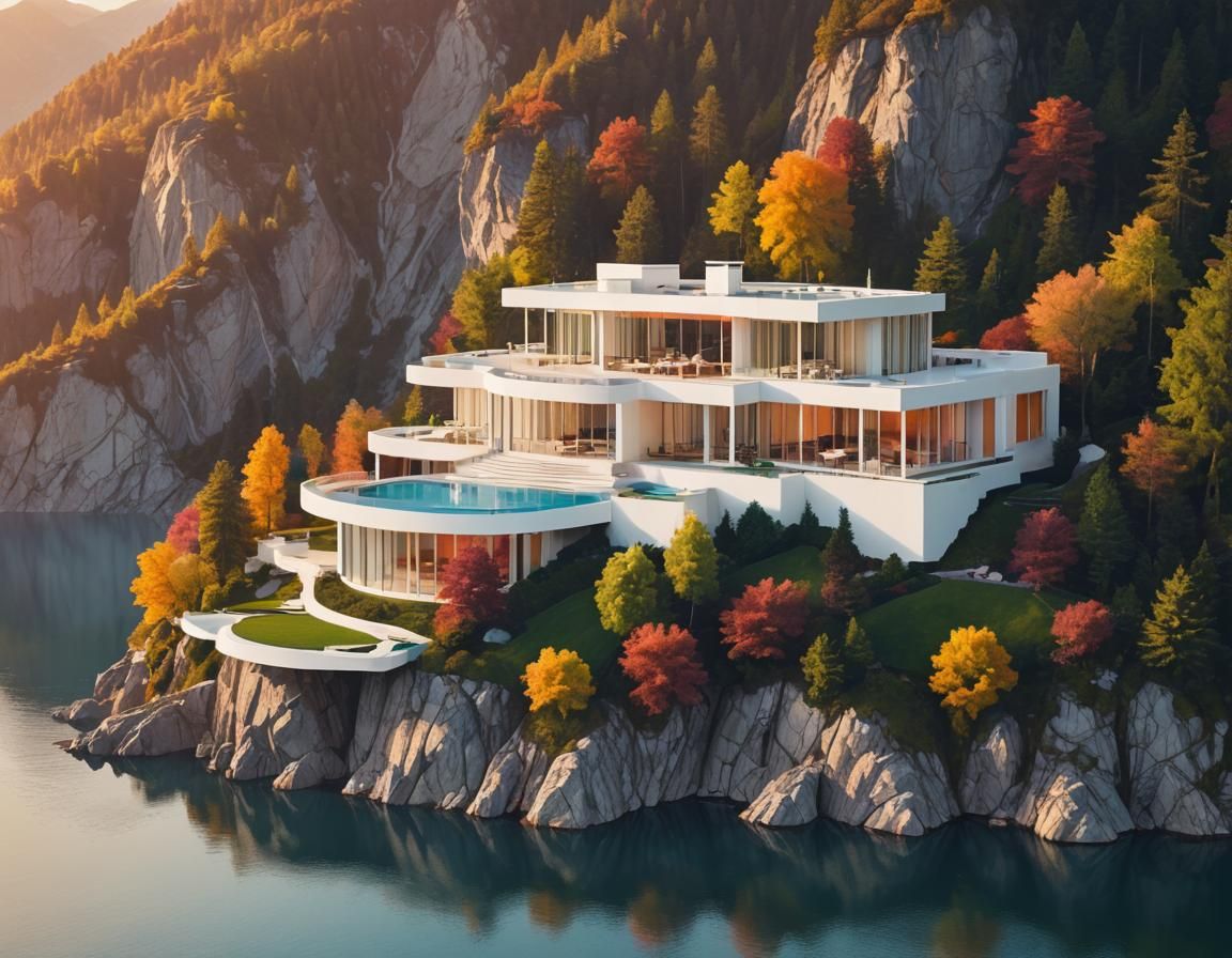 Ultramodern House Overlooking Lake at Sunset