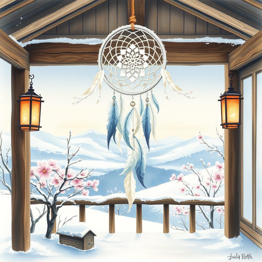 Whimsical Watercolour Dreamcatcher in Japanese Winter Scene